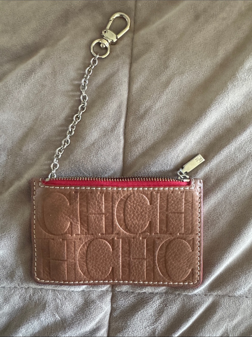 Authentic Carolina Herrera Tan Embossed Leather Card coin Wallet with Zipper